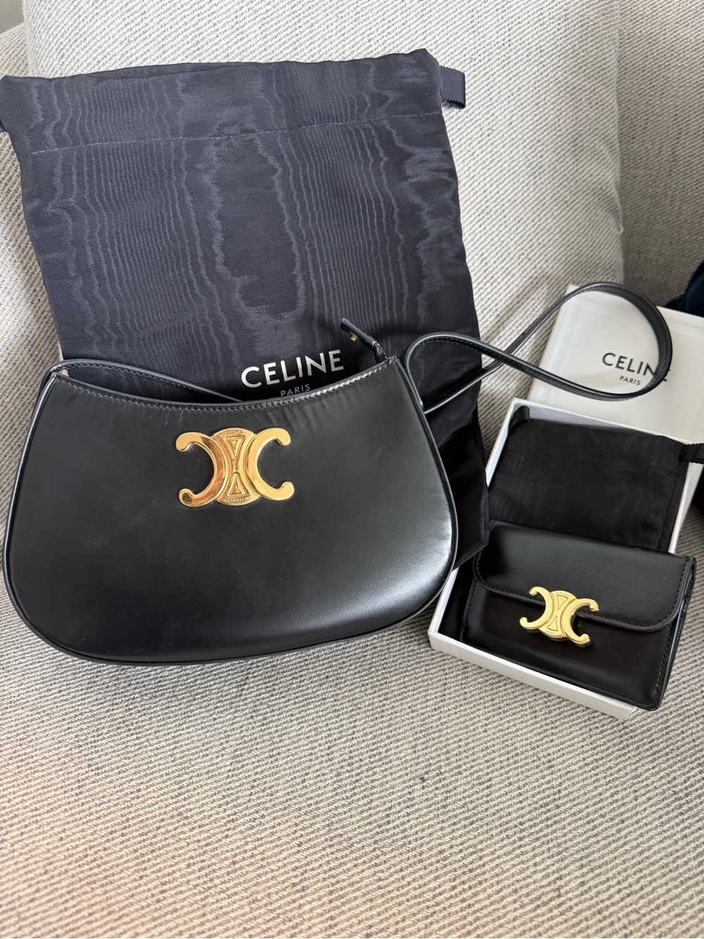 CELINE Black Triomphe Tilly Smooth Leather Shoulder Bag and Celine Wallet Bundle